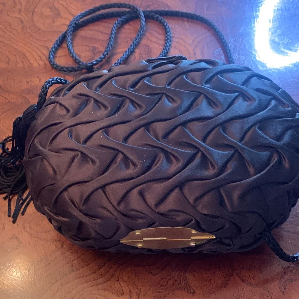 Vintage Collectable La Regale Black Woven Ruched Satin Evening Bag with Tassels